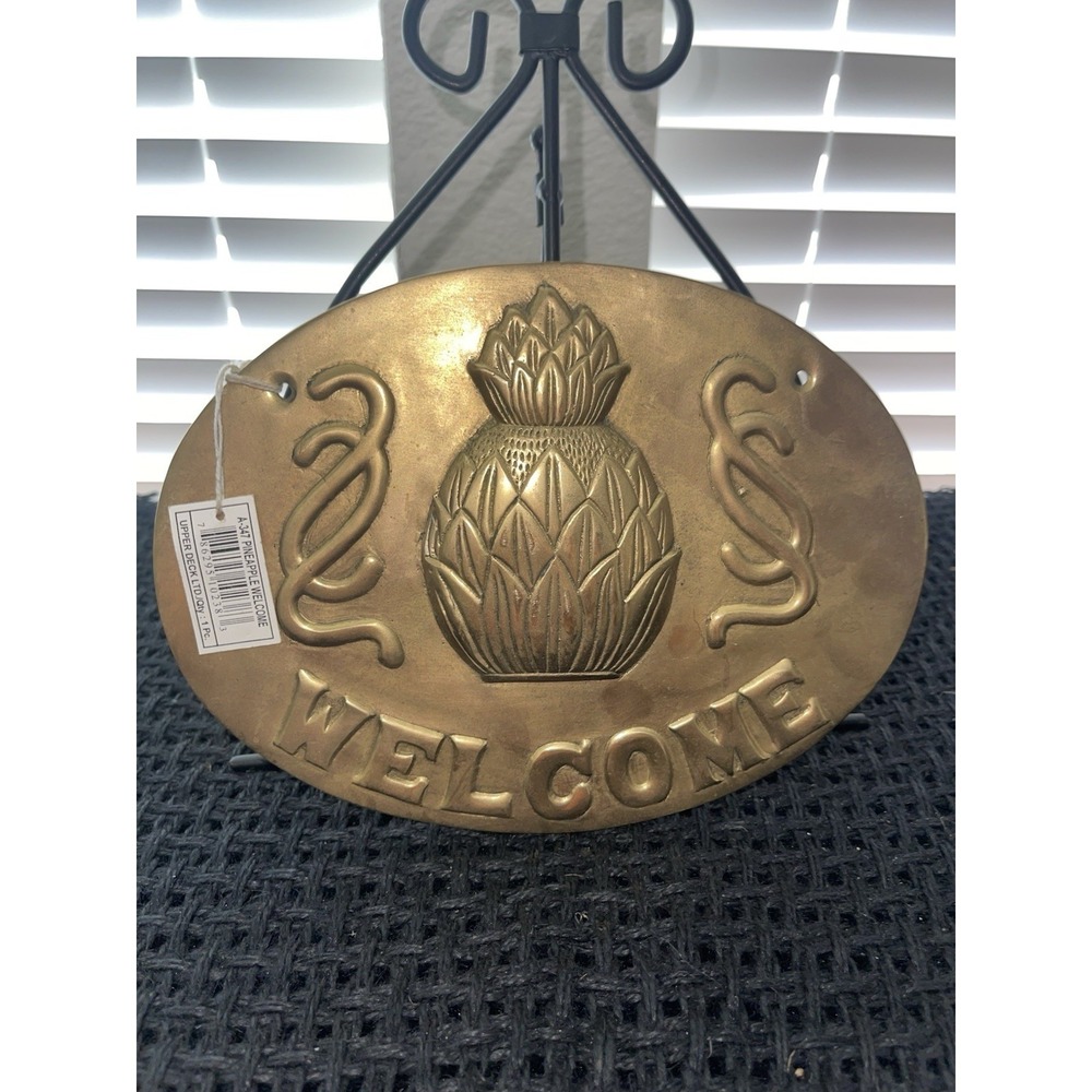Vintage New Old Stock Brass Pineapple Decor Welcome Hanging Sign Embossed